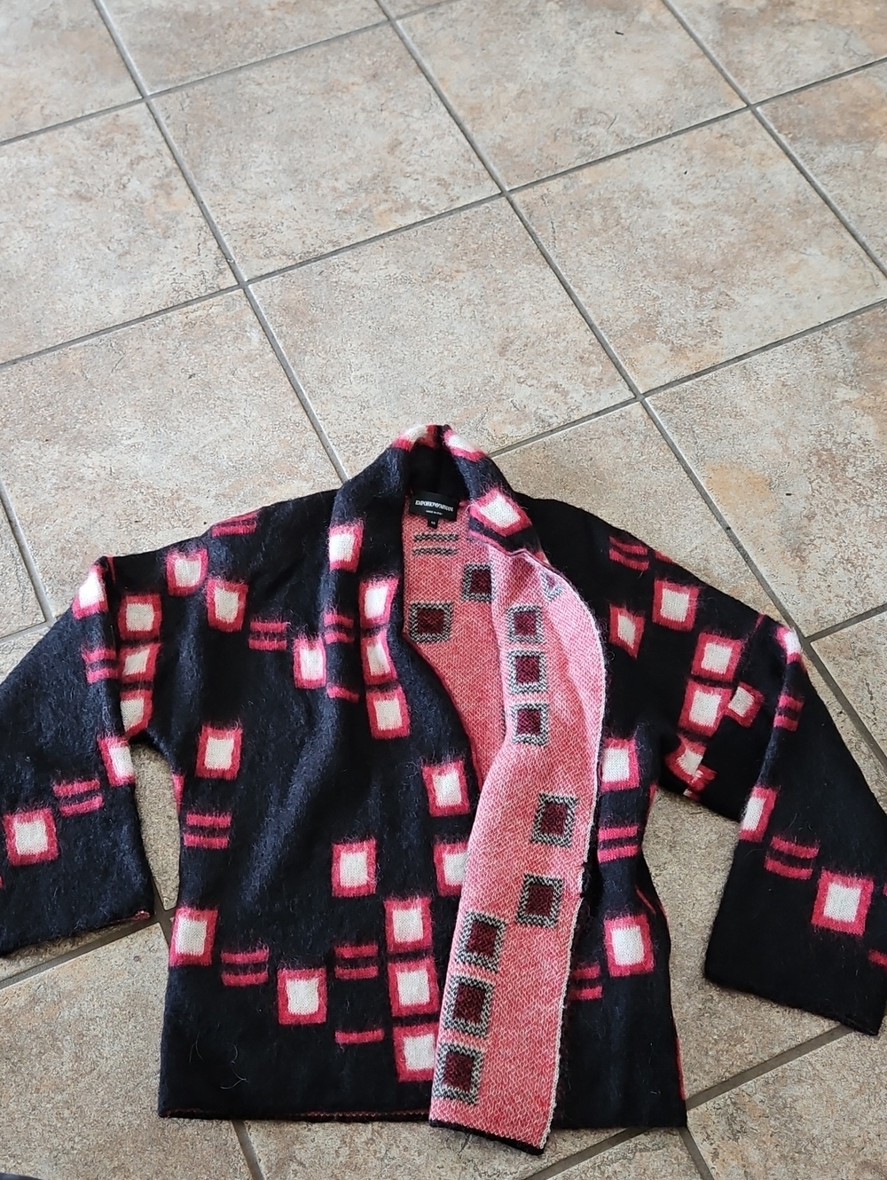 Emporio Armani Black, Pink & Cream Geometric Knit Cardigan
